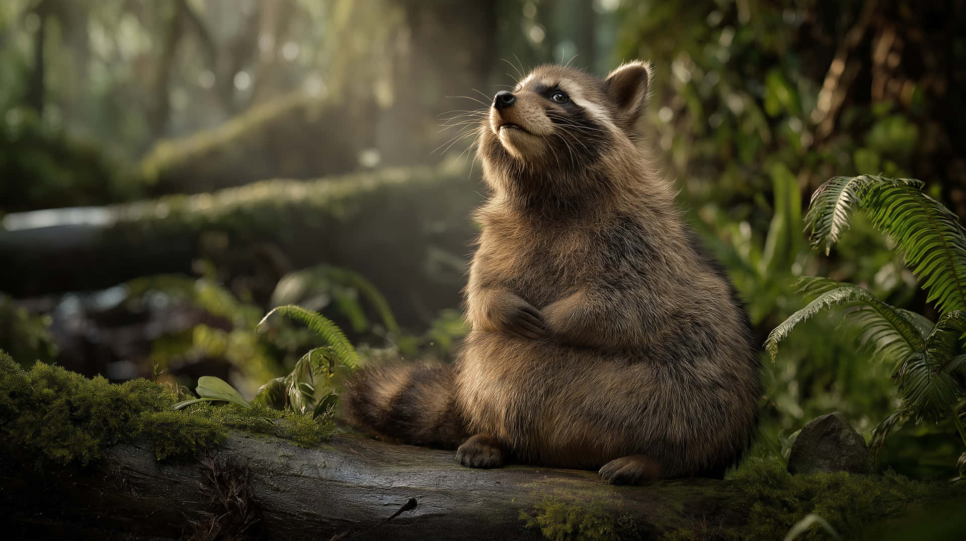 Content Raccoon Resting on a Forest Log 壁紙 — 一隻毛茸茸的浣熊直立在陽光普照的森林中長滿苔蘚的木頭上，用好奇的眼睛向上凝視。