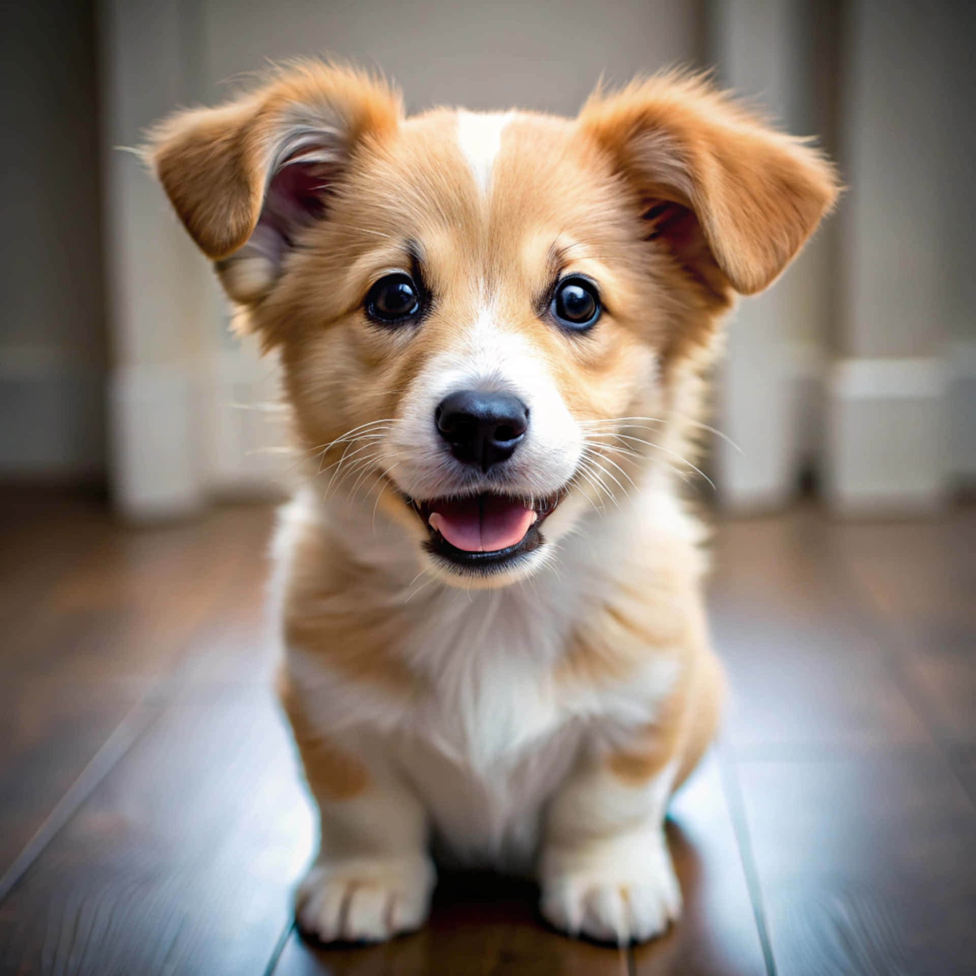 Cute dog 壁紙 — 一隻毛茸茸的淺棕白色小狗，有著大大的黑眼睛，開心地坐在木地板上，直視鏡頭。
