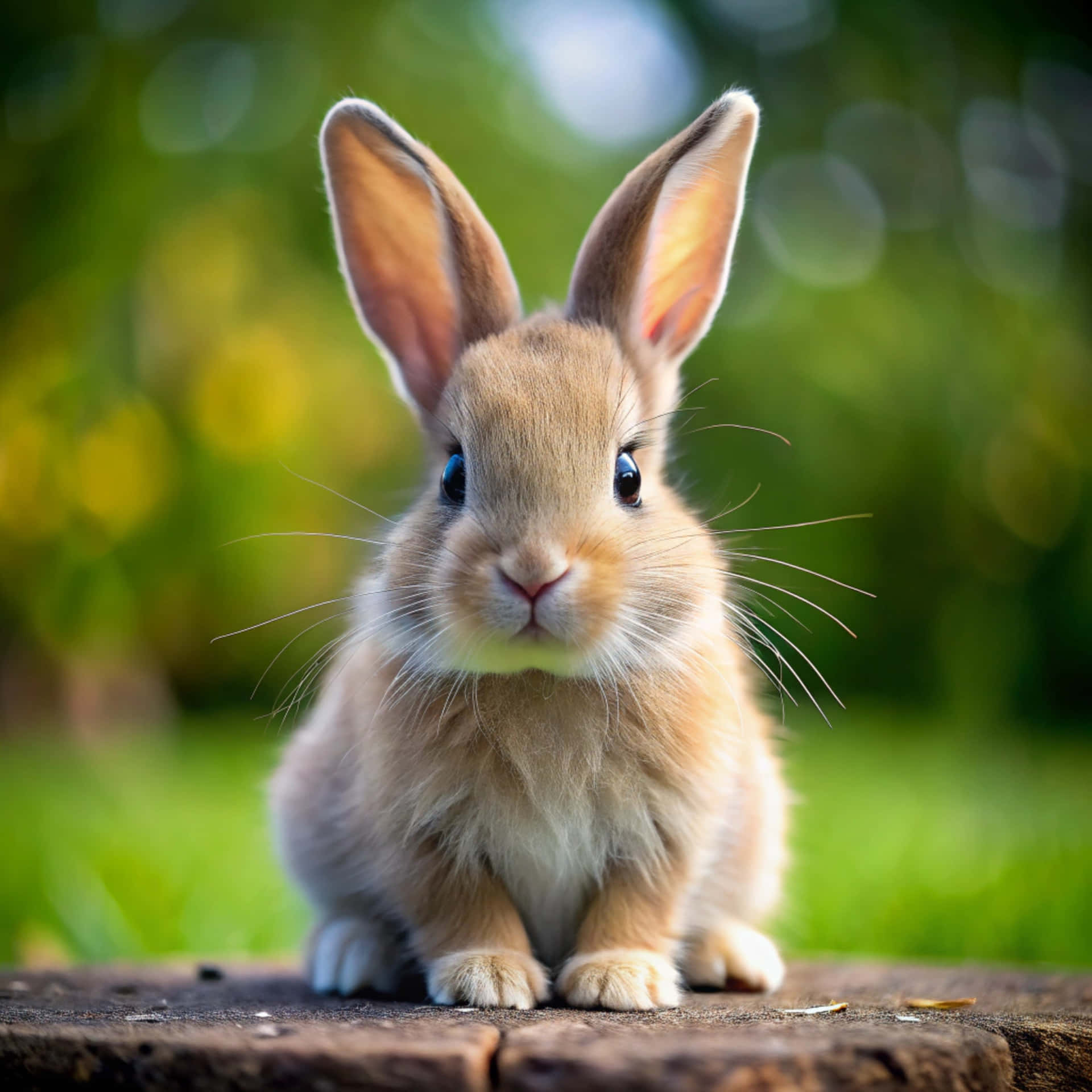 Cute rabbit 壁紙 — 一隻毛茸茸的淺棕色兔子，有大耳朵和深色眼睛，警覺地坐在風化的木質表面上，背景是鮮豔的綠色模糊背景。