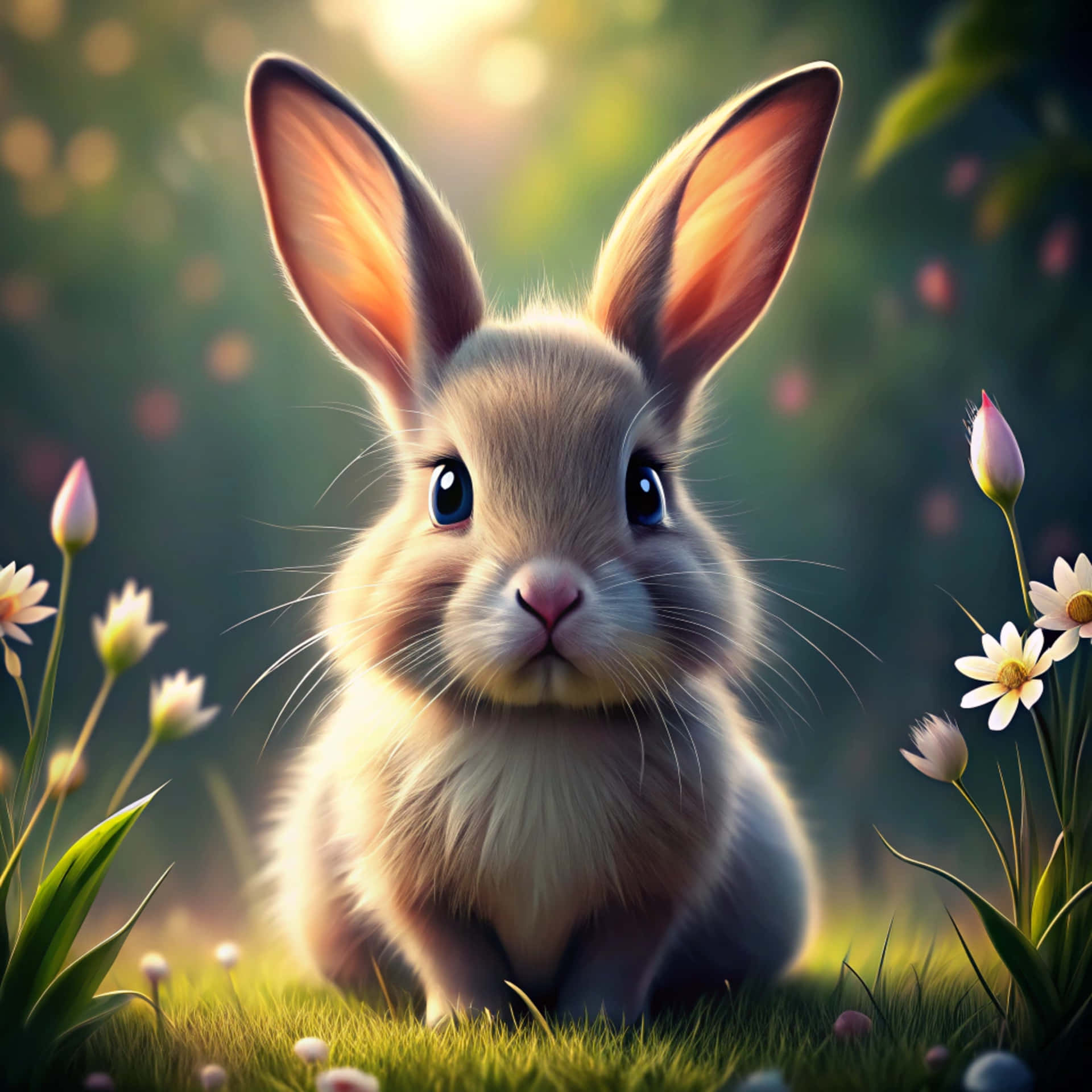 Cute rabbit 壁紙 — 一隻毛茸茸的淺棕色兔子，有著大大的藍色眼睛，坐在陽光照耀的草地上，周圍環繞著白色和粉紅色的花朵。
