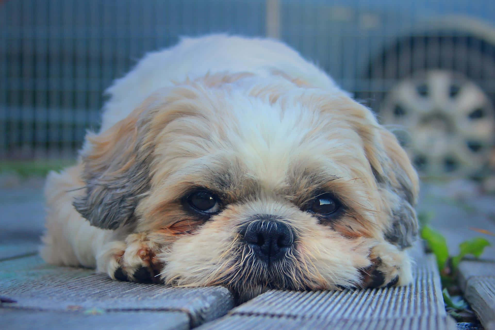 shih tzu 桌布 壁紙 — 一隻毛茸茸的淺棕色和白色狗，有大大的悲傷眼睛，將頭靠在木甲板上，靠近圍欄和車輪。