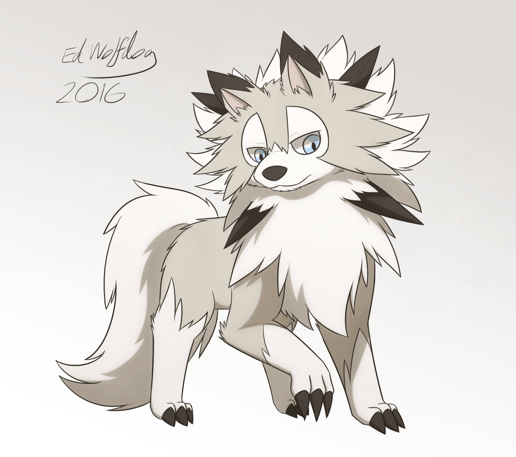 Lycanroc 桌布 壁紙 — 一隻毛茸茸的灰白色動漫風格狼，藍色眼睛，黑色耳尖，在純色背景前警覺地站著。