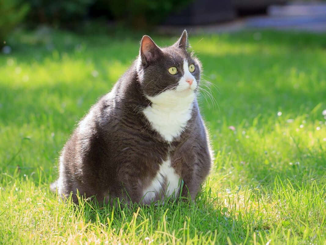 Fat Cat 桌布 壁紙 — 一隻毛茸茸的灰白貓咪在明亮的陽光下，警覺地坐在充滿活力的綠草中。