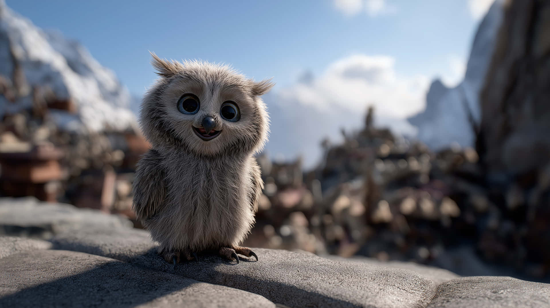 Cute Owl 壁紙 — 一隻毛茸茸的灰色動畫貓頭鷹，大眼睛，棲息在岩石架上，背景是雪山。
