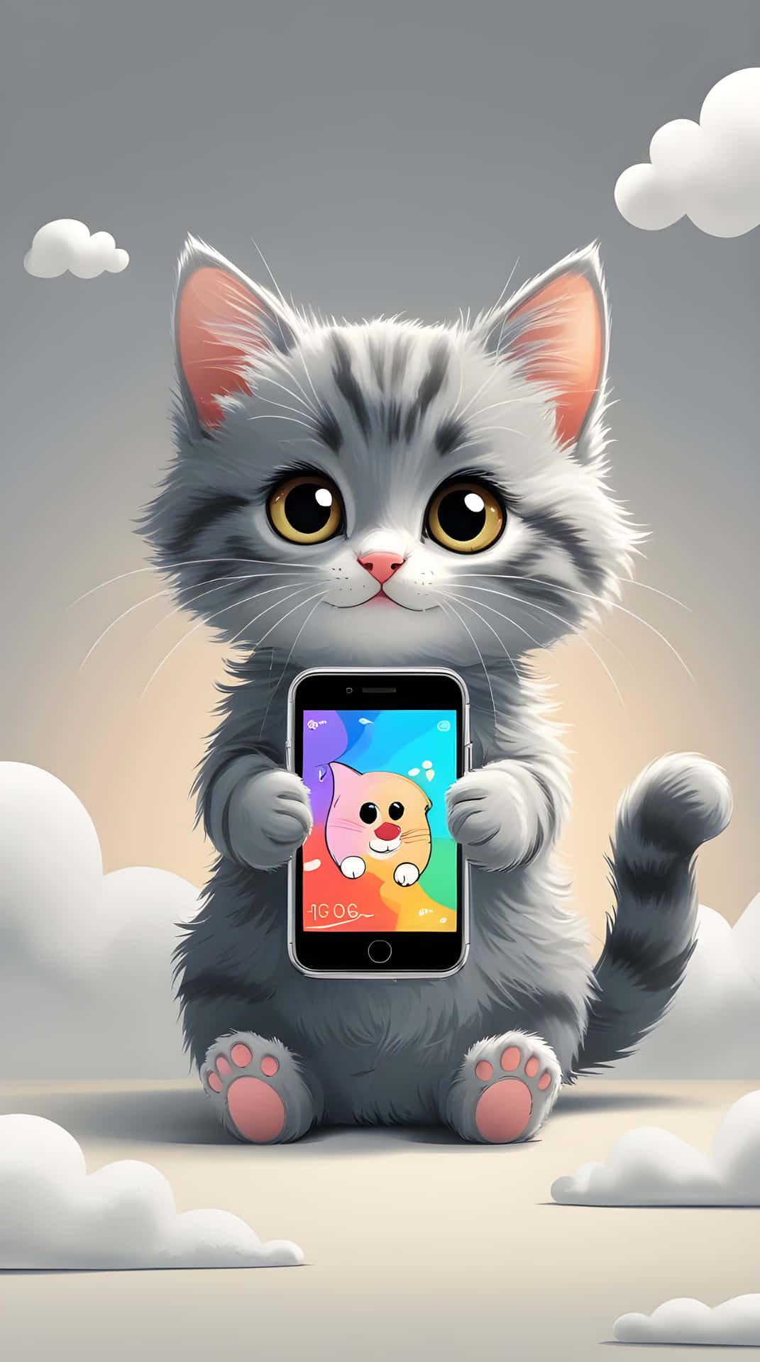A cute baby cat catch a mobile device 壁紙 — 一隻毛茸茸的灰色小貓，有著大大的黃色眼睛，拿著一支智慧型手機，螢幕上顯示著卡通貓壁紙，背景是柔和的雲天。