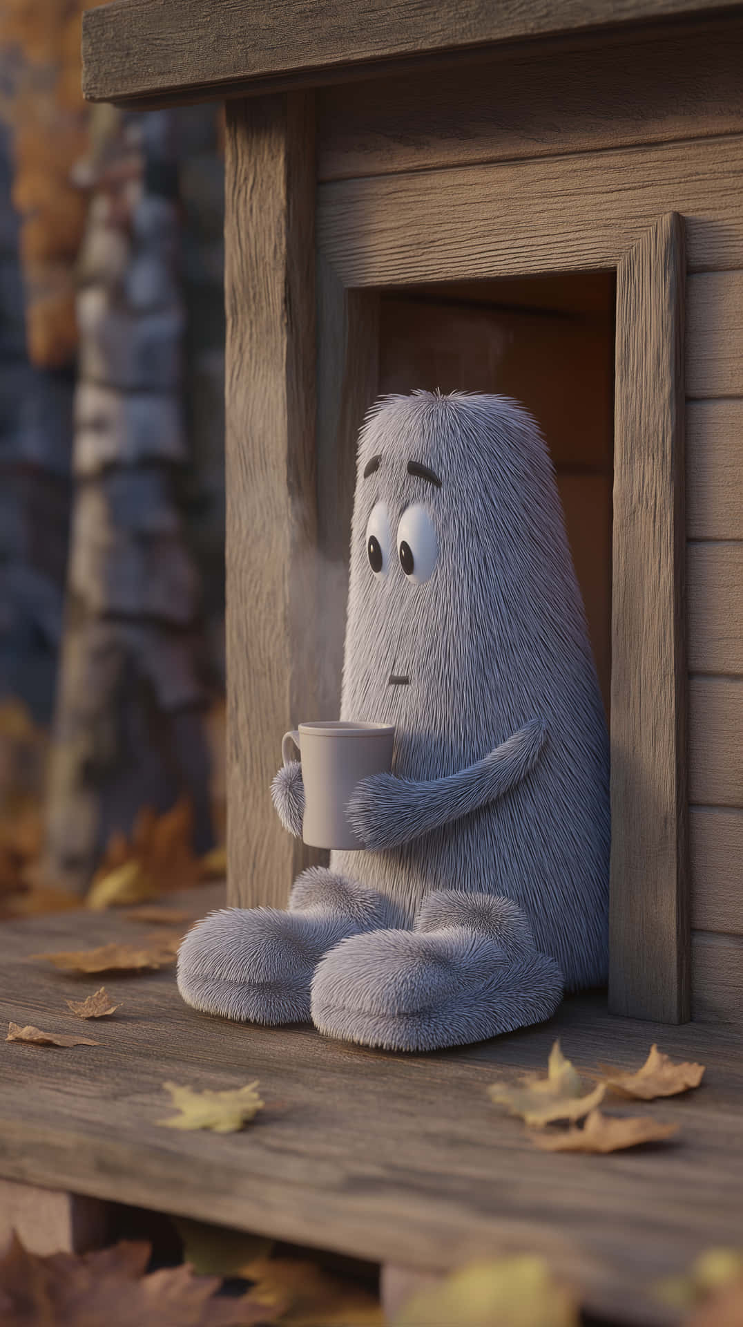 Shy Fuzzy Ghost with Mug on Rustic Porch in Autumn 壁紙 — 一隻毛茸茸的灰色生物坐在木門廊上，手持杯子，周圍是秋天的落葉。