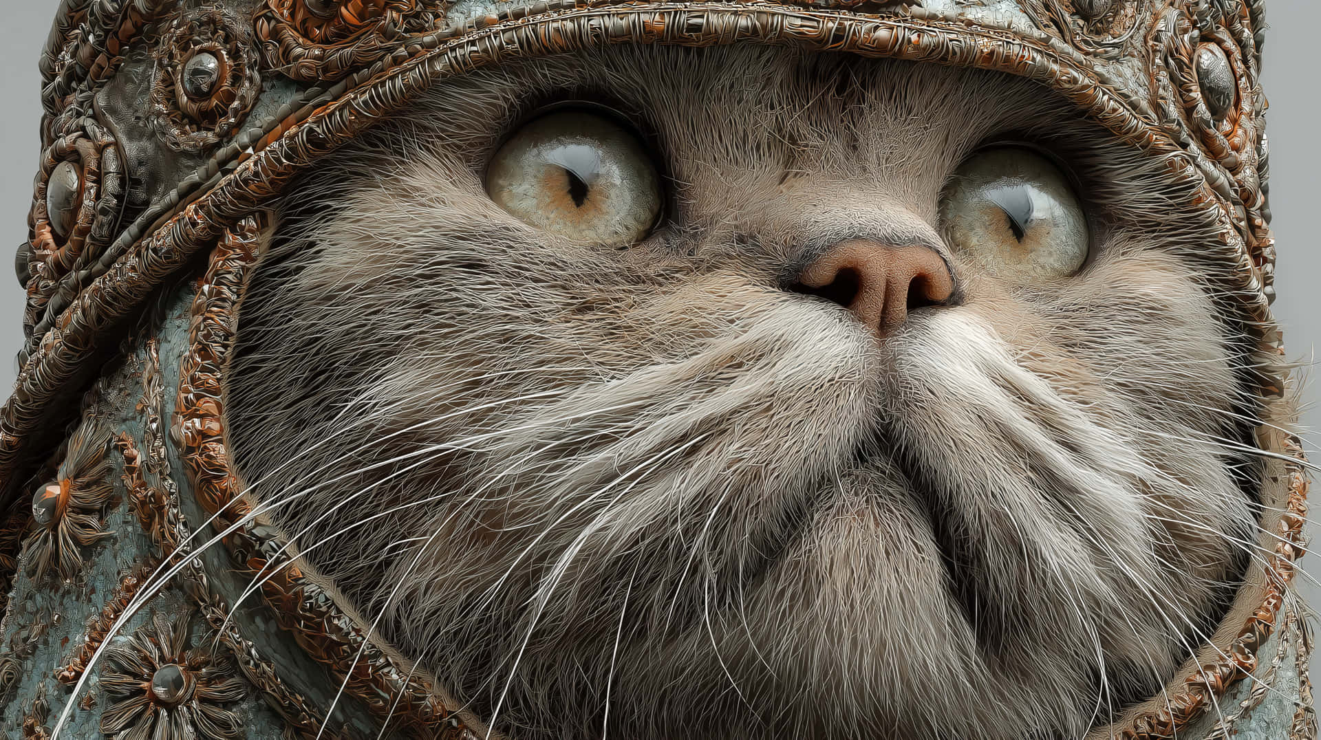 Royal Feline Gaze 壁紙 — 一隻毛茸茸的灰色貓咪，有著寬大的琥珀色眼睛，從華麗的金屬頭盔下探出頭來的特寫。