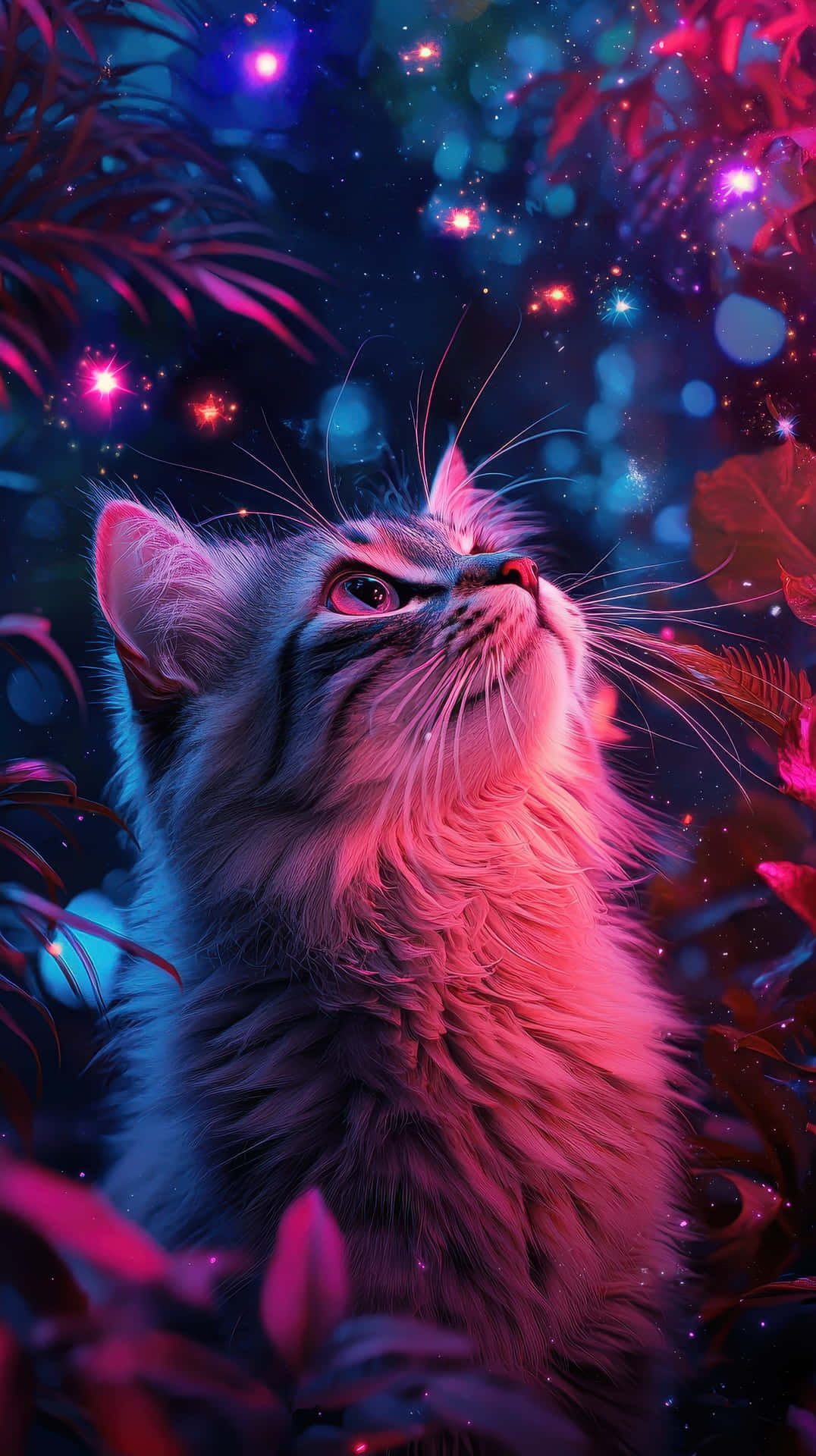 A beautifully detailed photorealistic close-up of a fluffy cat gazing upward at glowing stars 壁紙 — 一隻毛茸茸的灰色貓咪在充滿活力的宇宙天空下，仰望閃爍著粉紅色、藍色和紫色星星的天空，充滿驚奇。