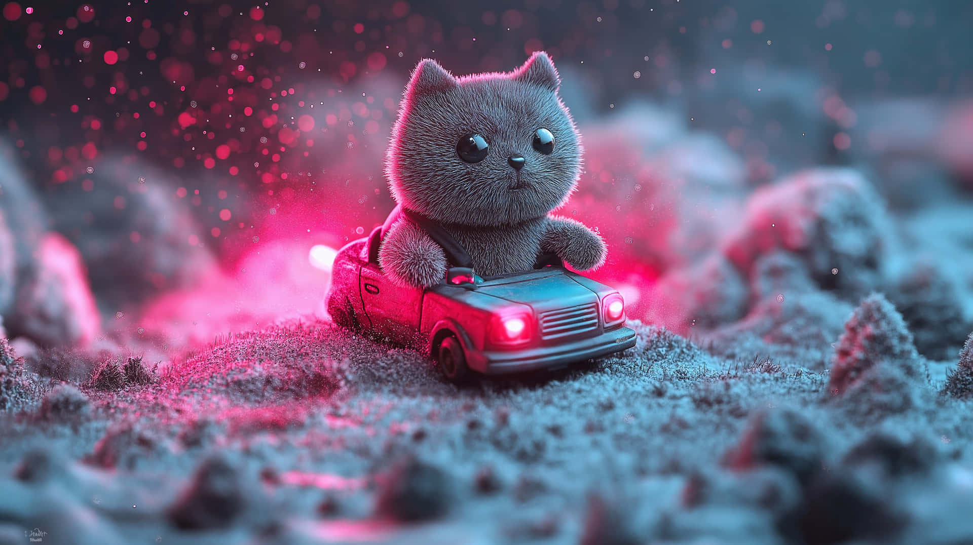 Cute Fluffy Cat Driving Small Car Fantasy Scene 壁紙 — 一隻毛茸茸的灰色貓咪在發光的粉紅色燈光下，駕駛迷你車穿過雪景。