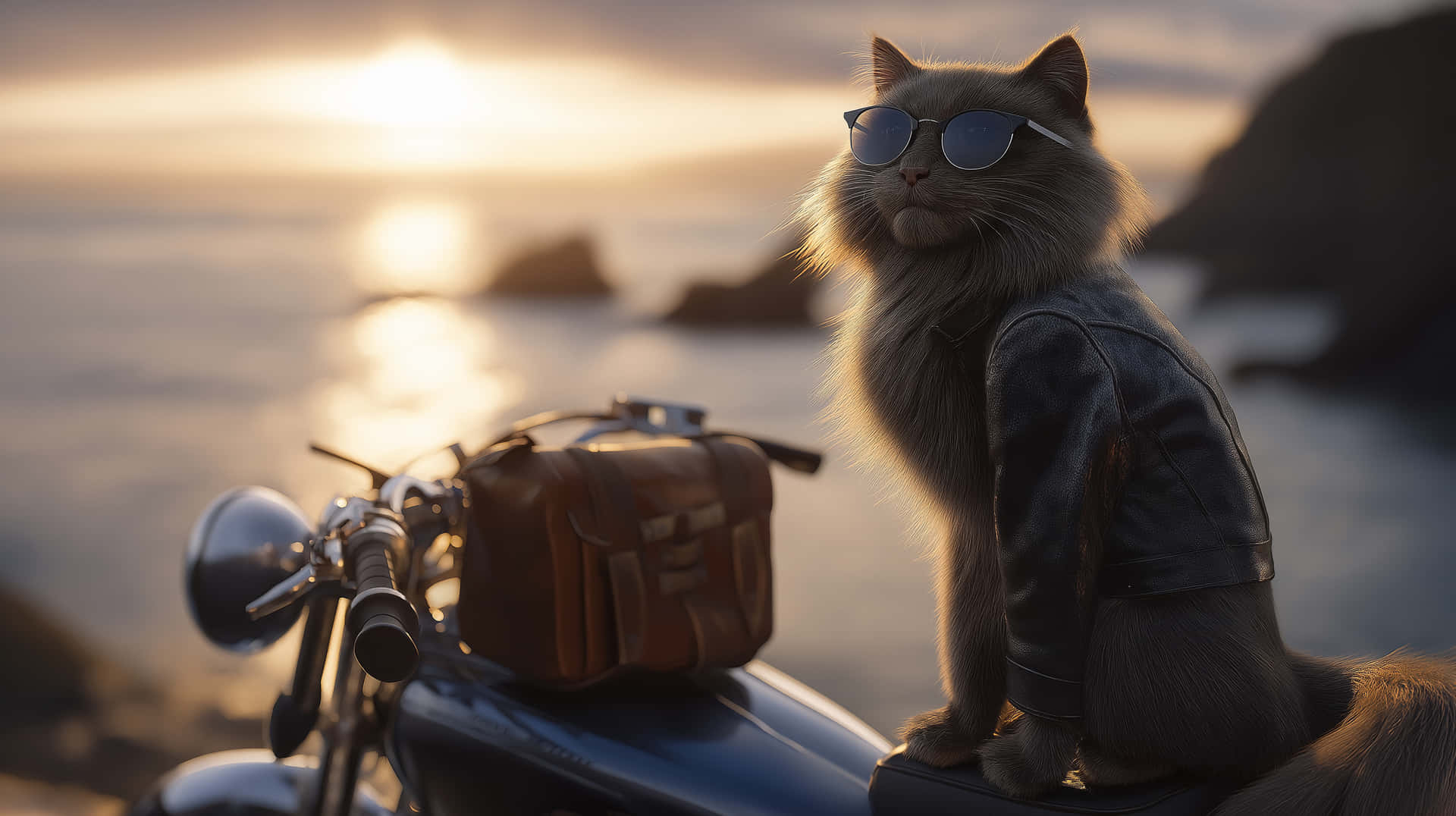 Cool Cat on Motorcycle with Scenic Coastal Sunset Background 壁紙 — 一隻毛茸茸的灰色貓咪戴著太陽眼鏡和皮夾克，自信地坐在日落時分海邊的摩托車上。