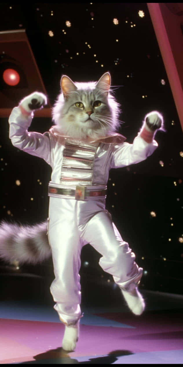 Dancing Cat 桌布 壁紙 — 一隻毛茸茸的灰色貓咪穿著閃亮的銀色太空衣，在星光閃爍的太空背景下，伴隨著發光的紅光，擺出英雄般的姿勢。