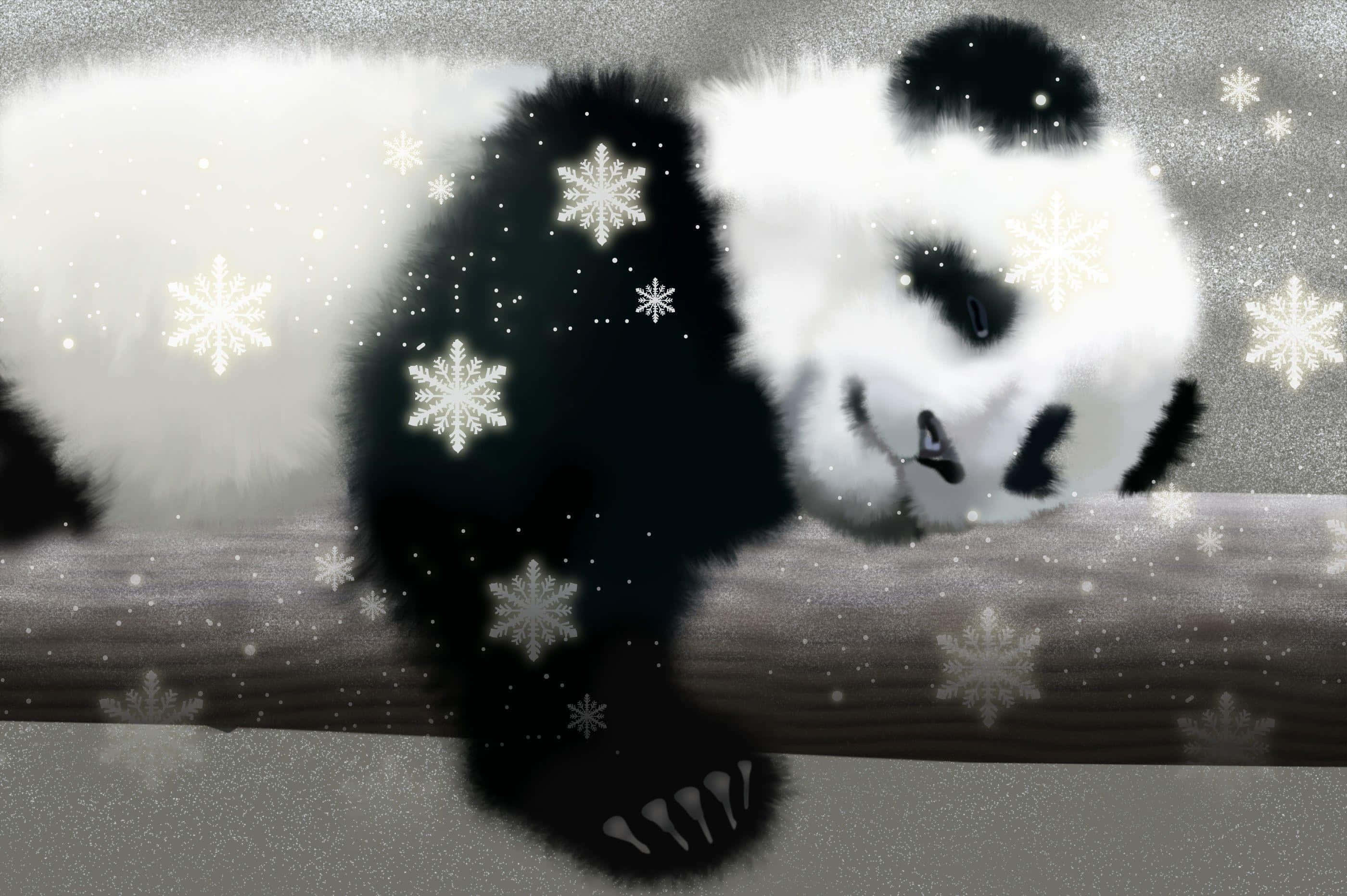 Cute Panda 桌布 壁紙 — 一隻毛茸茸的熊貓安詳地躺在木頭上休息，發光的雪花在牠周圍飄舞，構成寧靜的冬日場景。