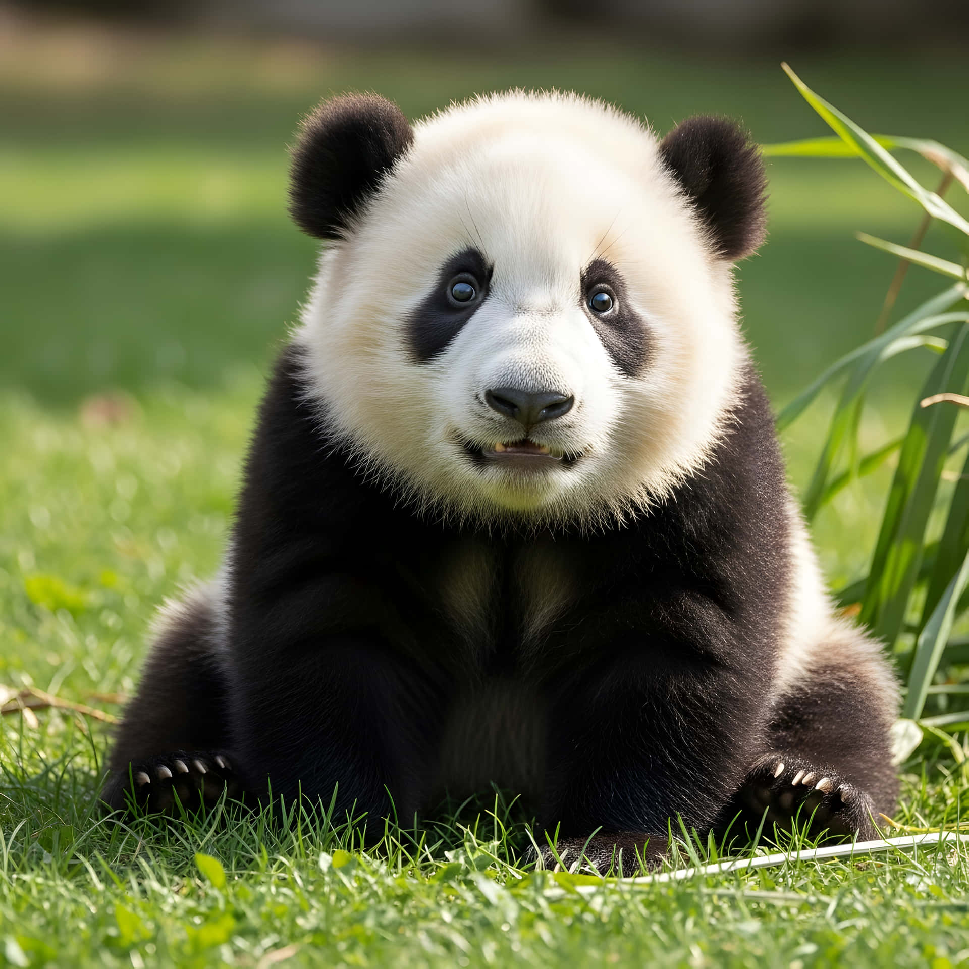 Panda sitting down 壁紙 — 一隻毛茸茸的熊貓寶寶，有黑色的耳朵和眼圈，在明亮的陽光下警覺地坐在鮮綠色的草地上。