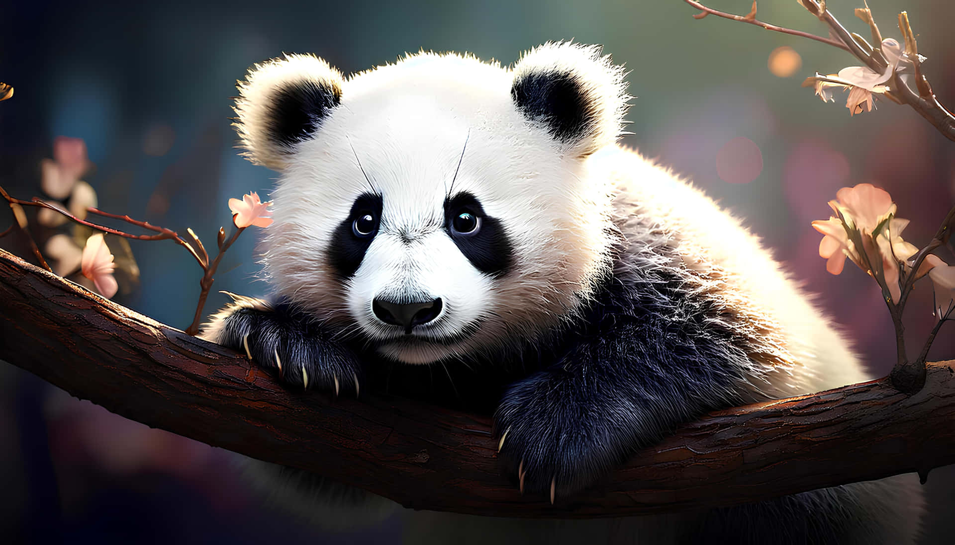 Panda 壁紙 — 一隻毛茸茸的熊貓寶寶在樹枝上休息，周圍是柔和的粉紅色花朵和溫暖的散景燈光。