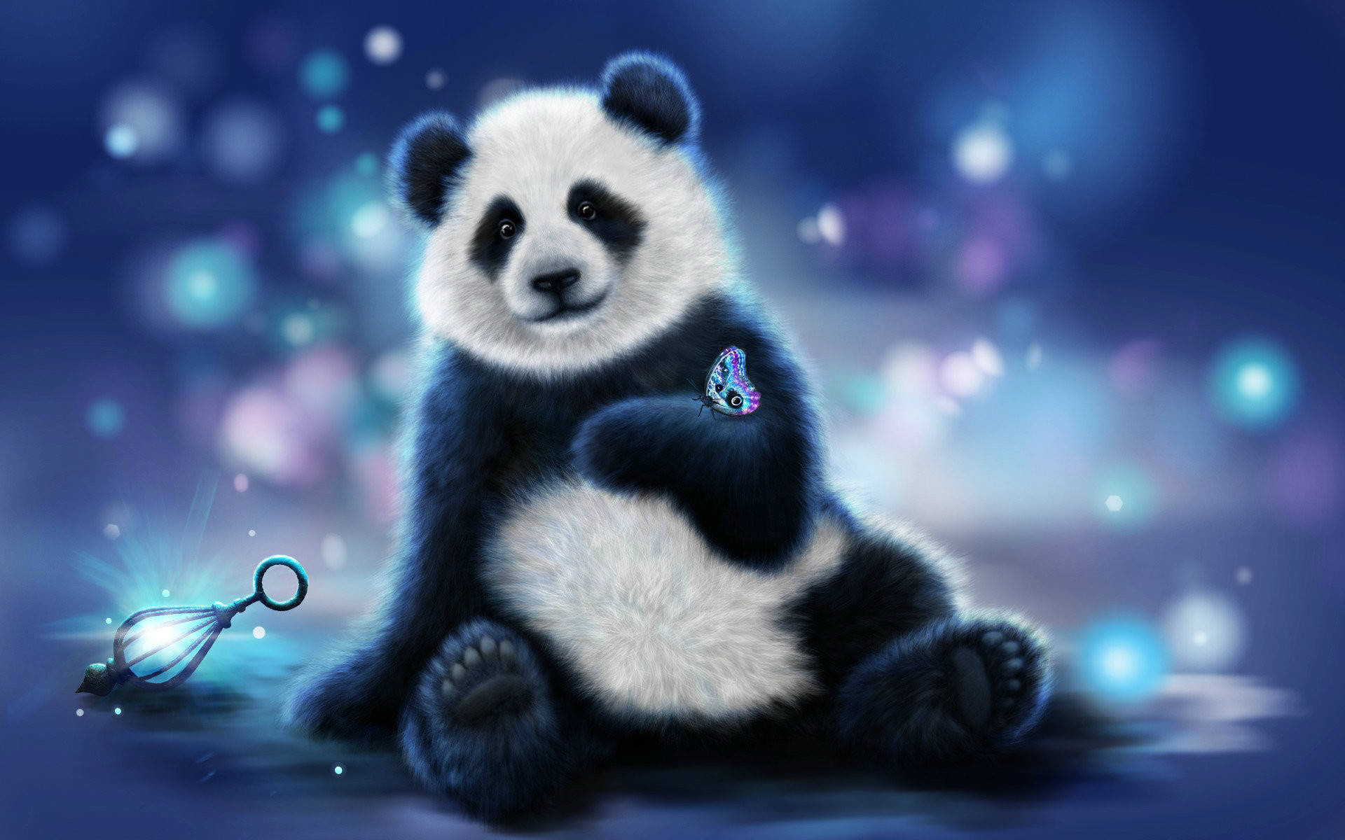 Beautiful Panda 桌布 壁紙 — 一隻毛茸茸的熊貓平靜地坐著，手持一隻發光的蝴蝶，背景是夢幻的藍色散景。