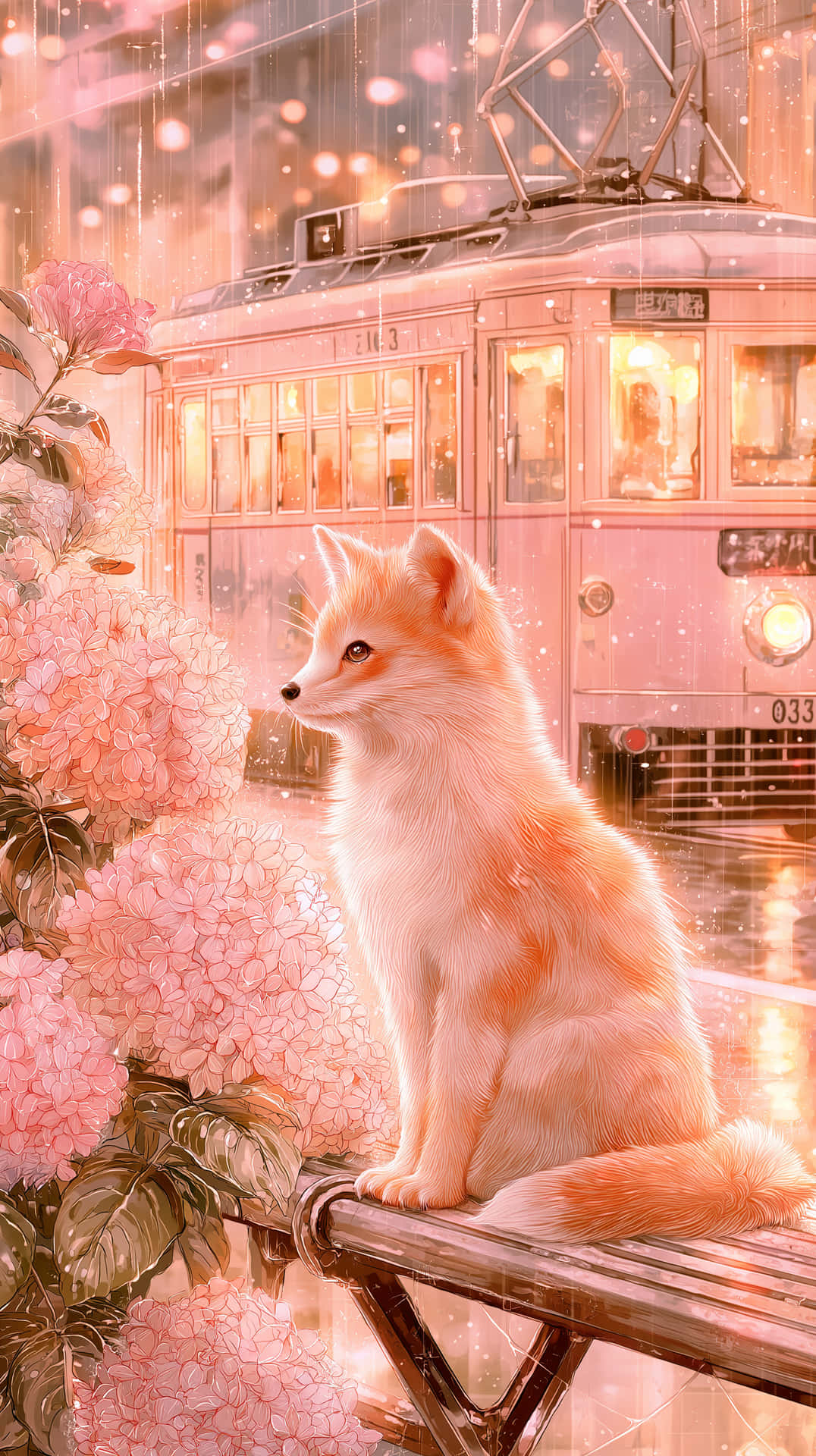 Fox at Tram Stop 壁紙 — 一隻毛茸茸的狐狸坐在長椅上，旁邊是粉紅色的繡球花，一輛復古電車在雨中溫暖地發光。