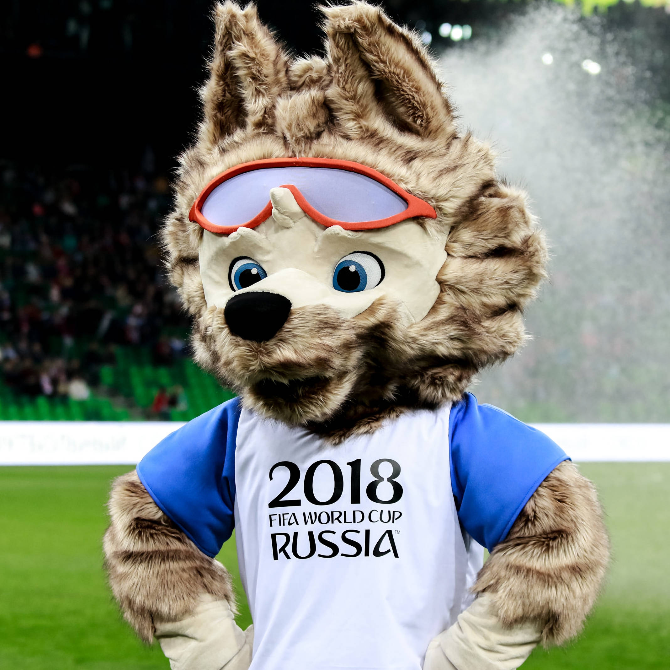 World 桌布 壁紙 — 一隻毛茸茸的狼吉祥物戴著紅色護目鏡，身穿2018年FIFA世界盃俄羅斯球衣，站在綠色球場上，背景有體育場燈光。