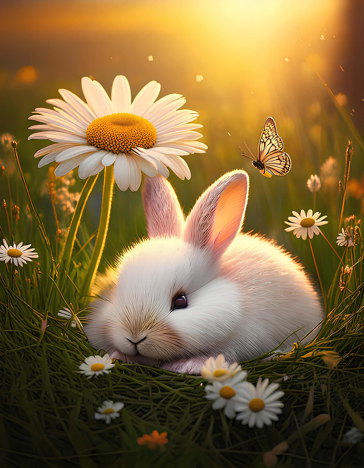 Fluffy white bunny 壁紙 — 一隻毛茸茸的白兔在草地上休息，旁邊有一朵大雛菊，蝴蝶在金色陽光附近飛舞。
