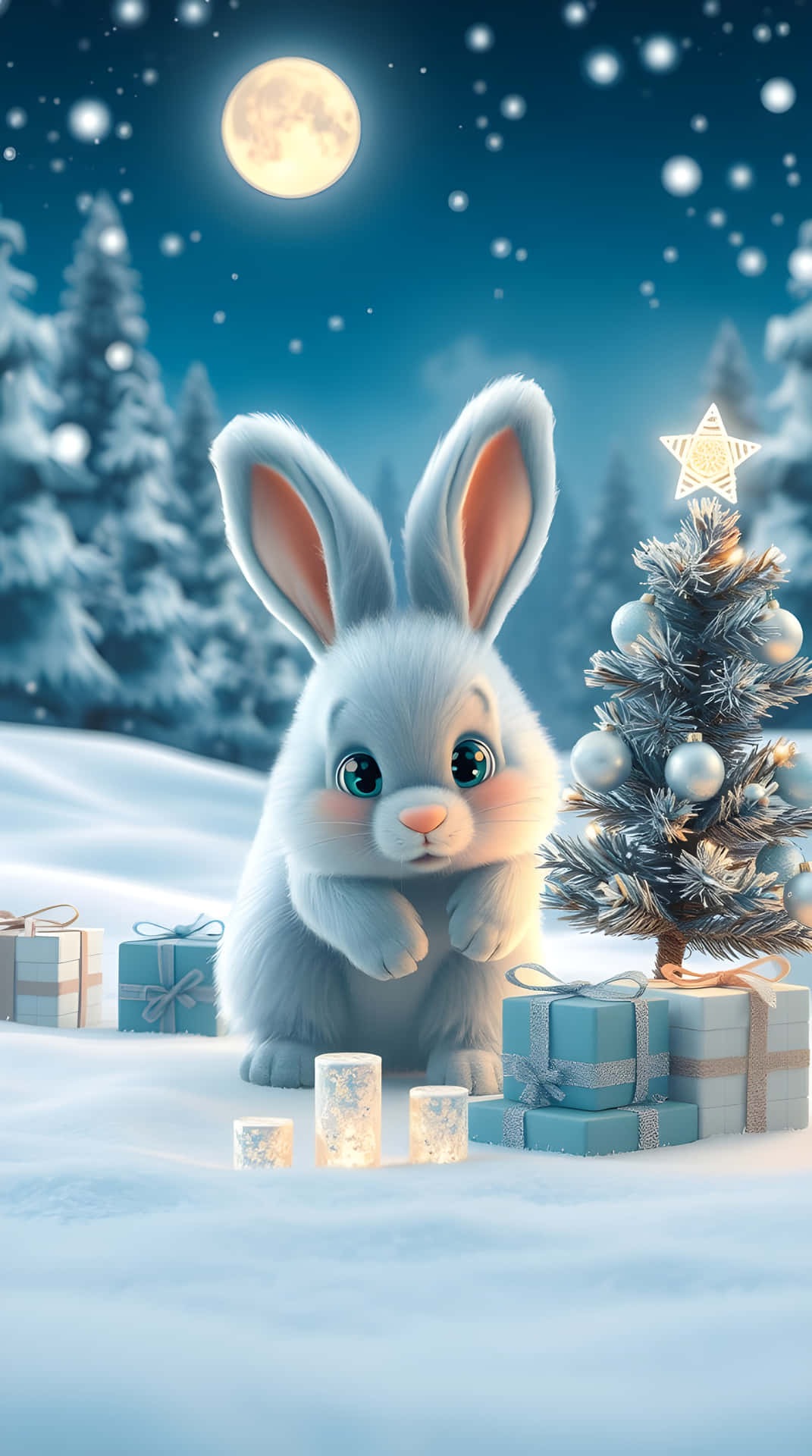 Christmas Wallpaper Adorable Bunny Under the Moonlight with Festive Tree and Gifts 壁紙 — 一隻毛茸茸的白兔坐在冬日森林中滿月下的雪覆蓋聖誕樹旁。