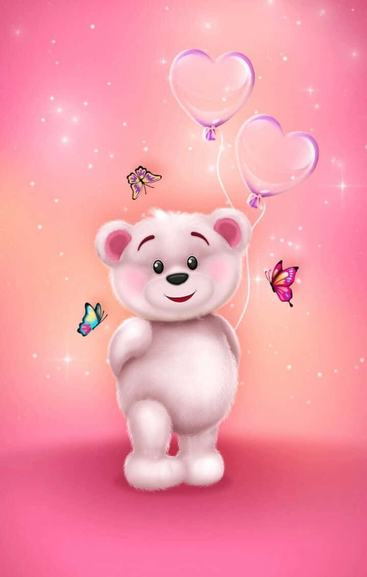 bear love 桌布 壁紙 — 一隻毛茸茸的白熊微笑著，手持心形氣球，蝴蝶在閃閃發光的粉紅色天空中飛舞。