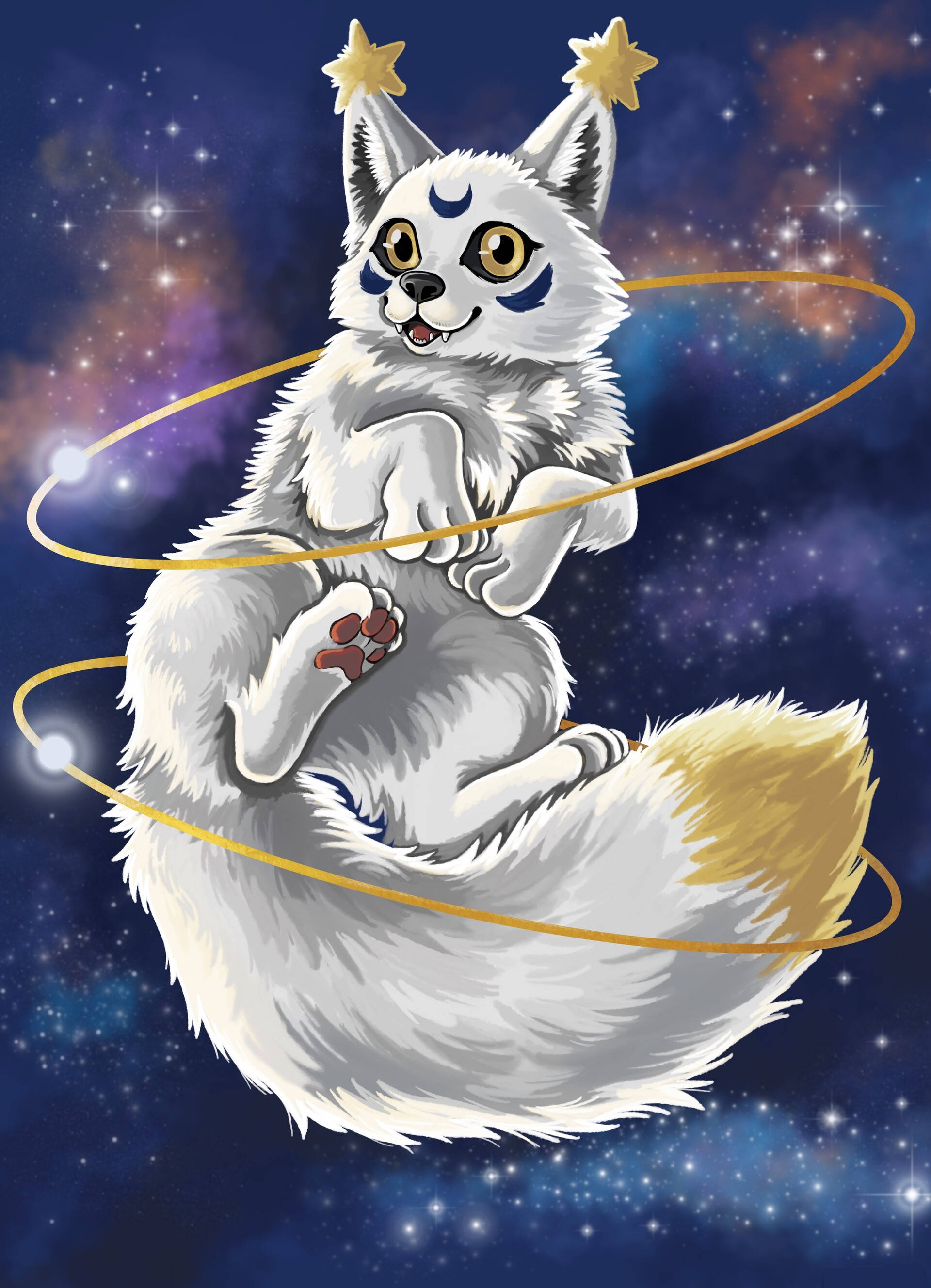 一隻可愛的白狐，有星星耳朵，在星空和金色環中漂浮。 — 銀河狼 壁紙