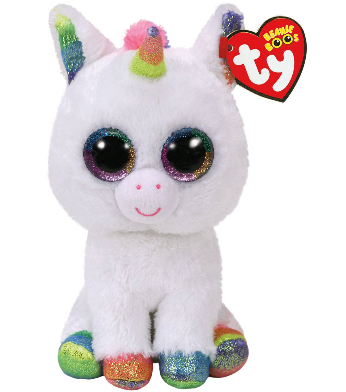 Beanie 桌布 壁紙 — 一隻毛茸茸的白色 Beanie Boo 獨角獸毛絨玩具，帶有閃閃發光的彩虹角和蹄，以及閃爍的彩虹眼睛，坐在純白色背景前。