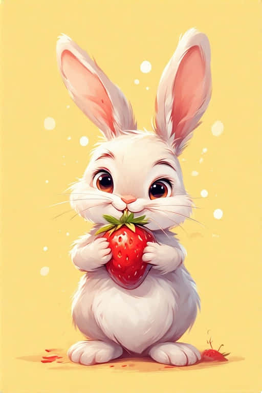 Cute Cartoon Bunny with Strawberry 4K 壁紙 — 一隻毛茸茸的白色兔子，有著大大的棕色眼睛，在柔和的黃色背景上，漂浮著白色圓點，手持一顆成熟的紅色草莓。