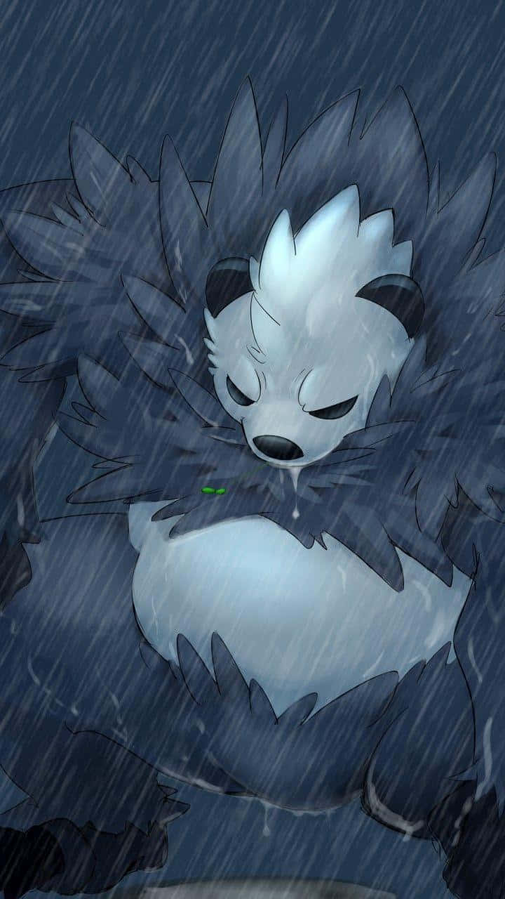 Pokémon 手機 桌布 壁紙 — 一隻毛茸茸的白色動漫狐狸，帶有深色斑紋，蜷縮在傾盆大雨中，雨滴劃過深藍色的背景。