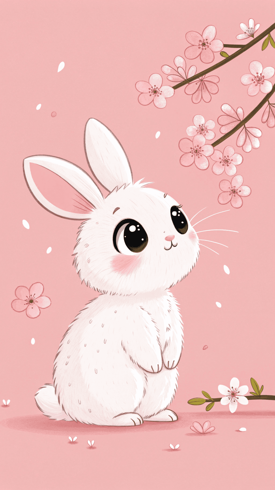 adorable 桌布 壁紙 — 一隻毛茸茸的白色卡通兔，有著大大的黑色眼睛，坐在粉紅色櫻花枝下，背景是柔和的粉紅色。