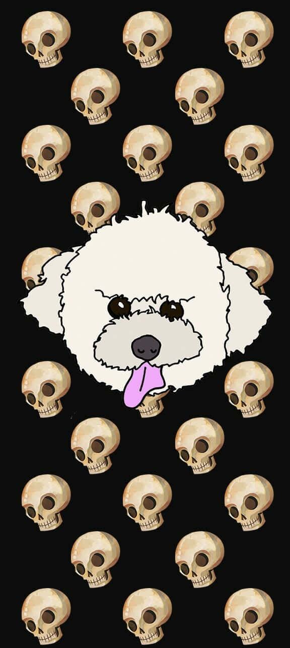 iPhone Cute Halloween 桌布 壁紙 — 一隻毛茸茸的白色卡通狗伸出粉紅色舌頭，被米色頭骨包圍在黑色背景上。