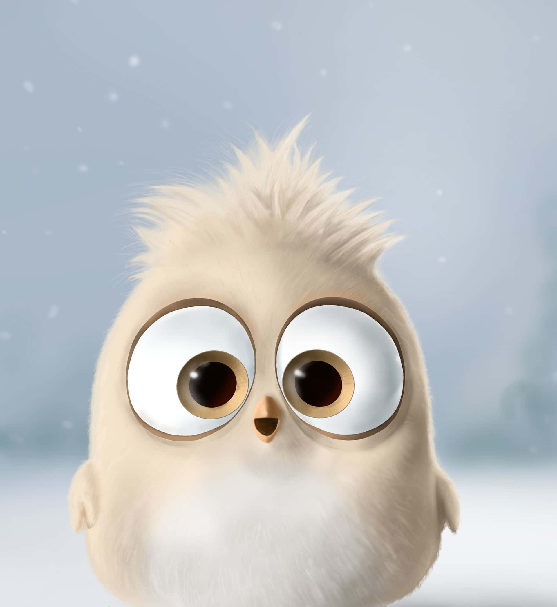 Kawaii Bird 桌布 壁紙 — 一隻毛茸茸的白色卡通鳥，有著巨大的圓眼睛，在雪景背景下直視觀眾。