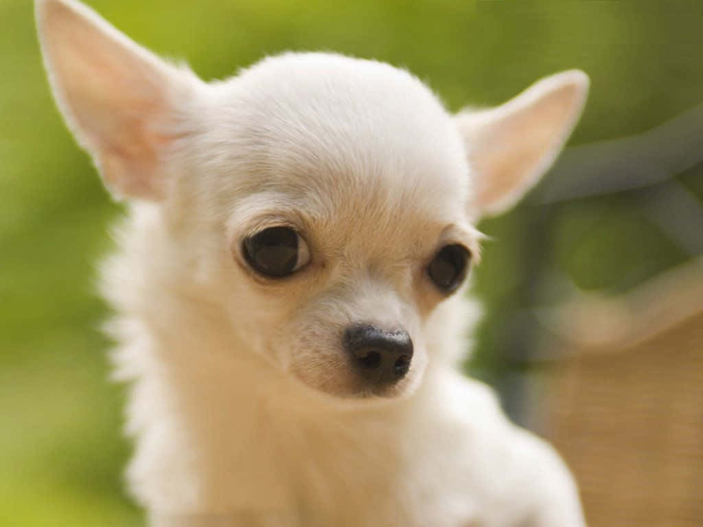 Chihuahua 桌布 壁紙 — 一隻毛茸茸的白色吉娃娃幼犬特寫，擁有大的深色眼睛和豎起的耳朵，溫柔地凝視著相機。
