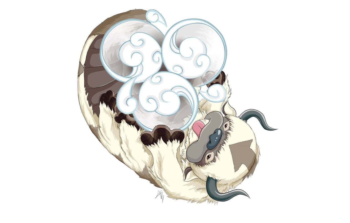 Appa Avatar 桌布 壁紙 — 一隻毛茸茸的白色和棕色動畫牛科生物，有角，蜷縮著睡覺，頭頂上有旋轉的藍白色雲朵。