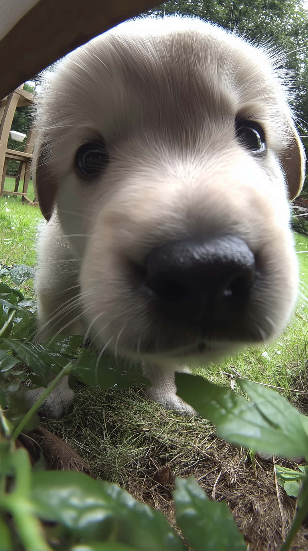 Curious Puppy Portrait 壁紙 — 一隻毛茸茸的白色小狗，深色眼睛和鼻子，從綠葉間窺視鏡頭的特寫。