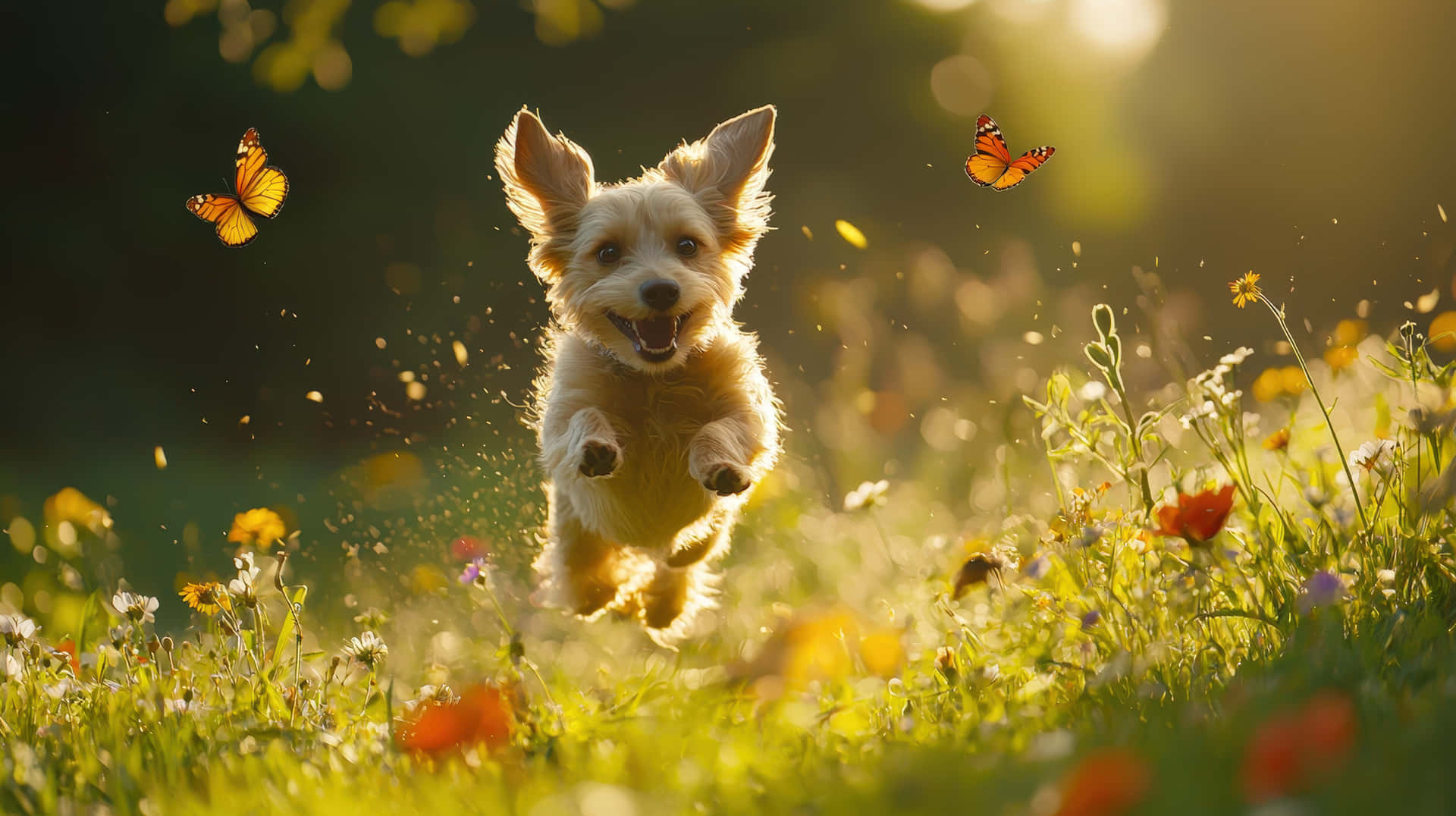 A joyful dog leaps through a sunlit meadow filled with wildflowers and butterflies 壁紙 — 一隻毛茸茸的白色小狗在陽光明媚、開滿野花和橙色蝴蝶飛舞的草地上歡快地跳躍。