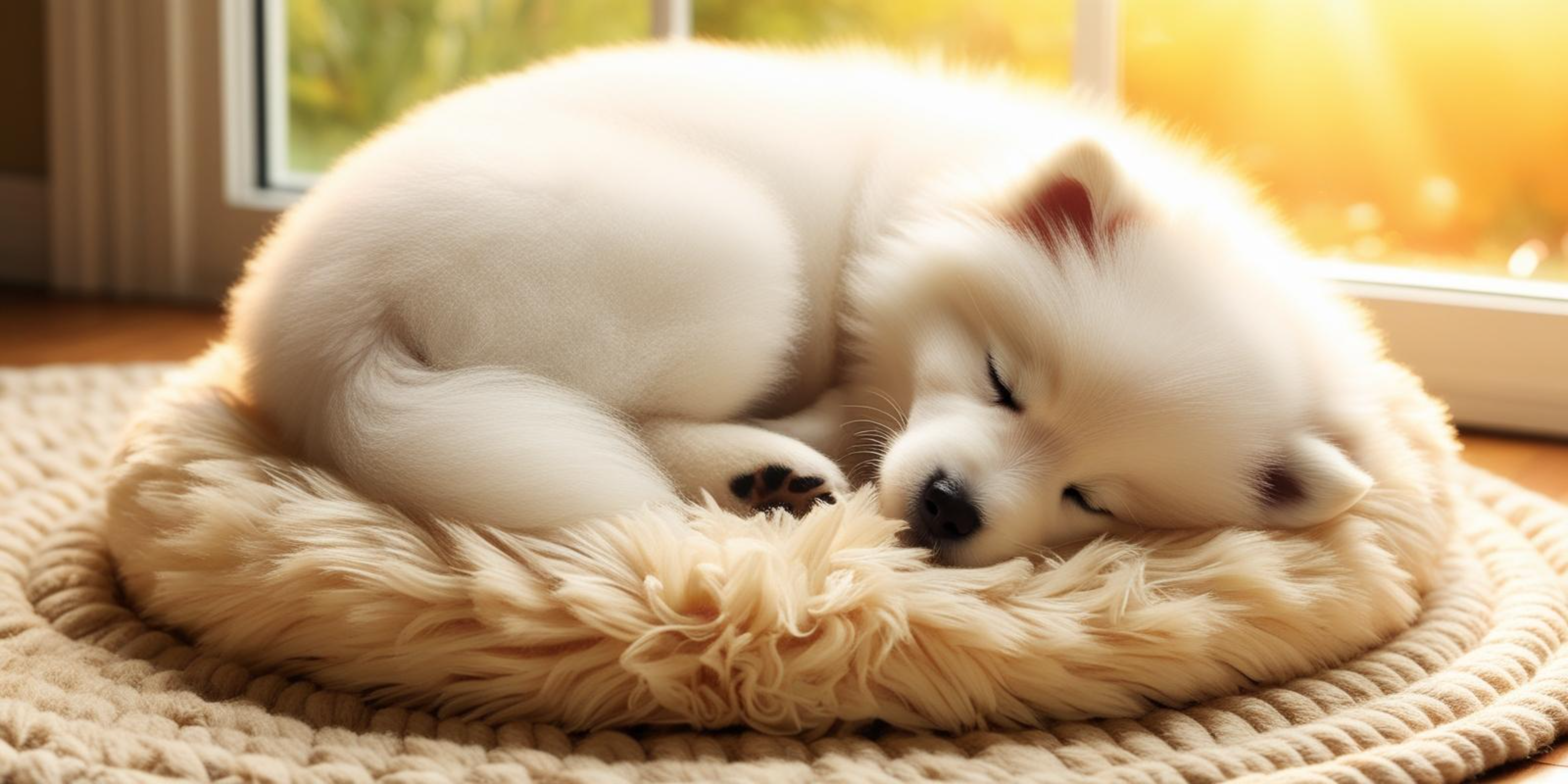Dogs 桌布 壁紙 — 一隻毛茸茸的白色小狗在陽光照射的窗邊附近柔軟的米色寵物床上蜷縮著安詳地睡覺。