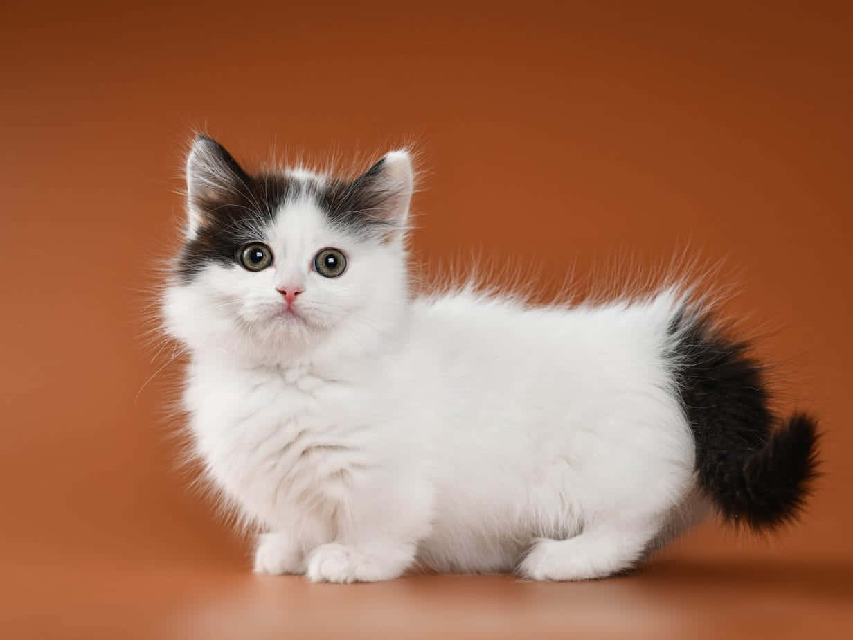 Munchkin Cat 桌布 壁紙 — 一隻毛茸茸的白色小貓，帶有黑色斑紋和綠色大眼睛，警覺地坐在溫暖的陶土色背景前。