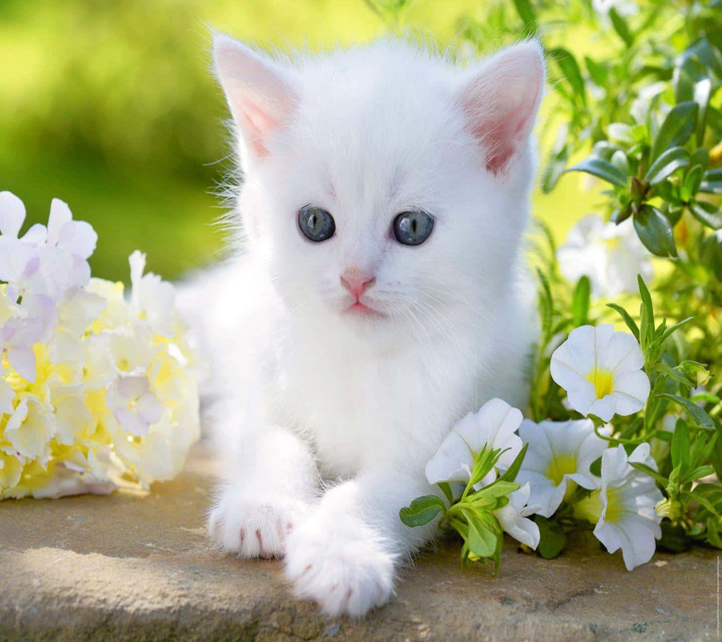 kitty cat 桌布 壁紙 — 一隻毛茸茸的白色小貓，擁有引人注目的藍色眼睛，坐在陽光普照的石頭上，周圍是鮮豔的黃色和白色花朵。