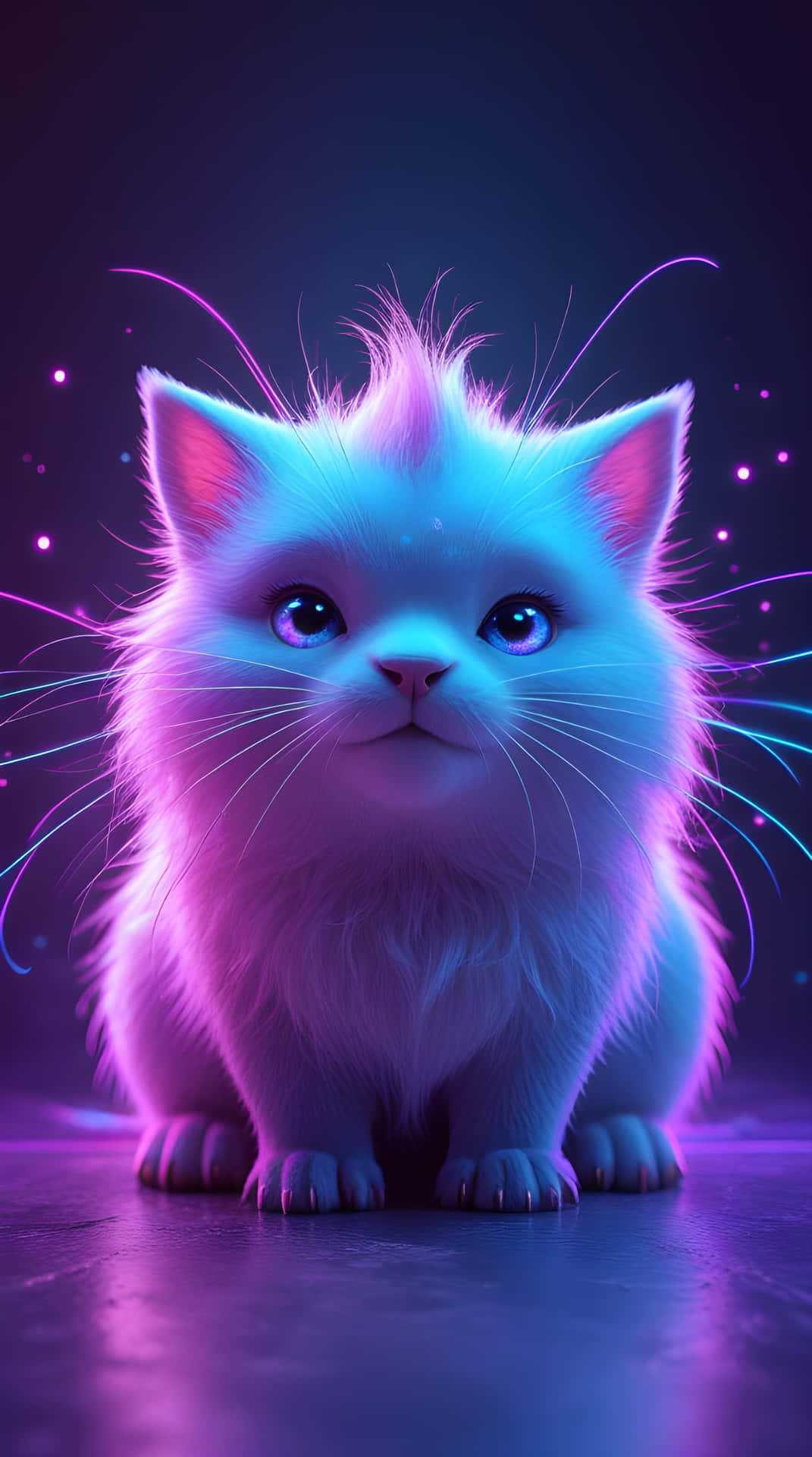 A cute neon colour animals wallpaper 壁紙 — 一隻毛茸茸的白色小貓，擁有發光的藍色眼睛，坐在霓虹紫色和藍色燈光下，周圍有閃爍的粒子。