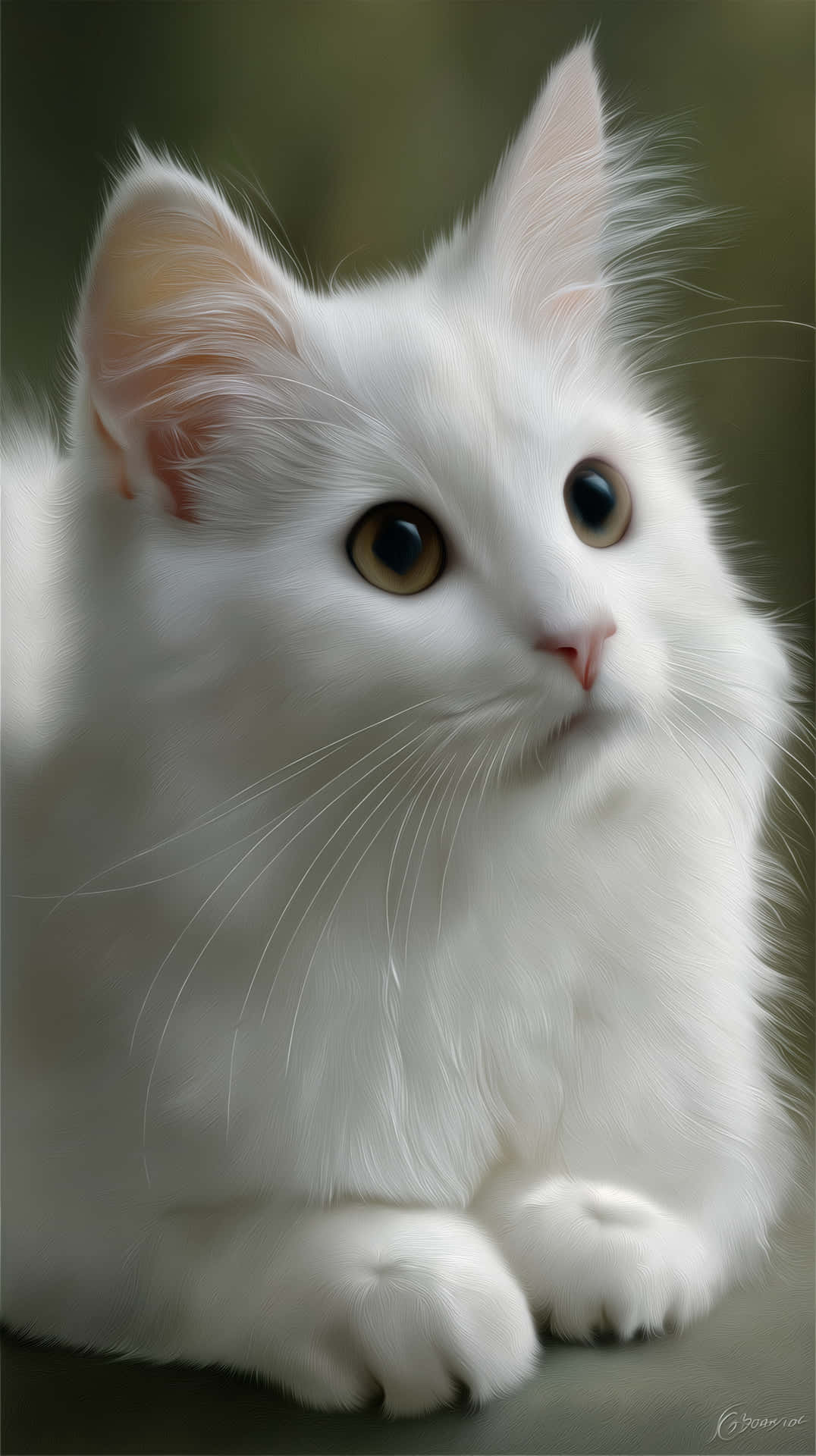 Photorealistic Portrait of an Adorable White Cat, Gold Eyes 壁紙 — 一隻毛茸茸的白色小貓，有著大大的琥珀色眼睛，在柔和的模糊綠色背景下向上凝視。
