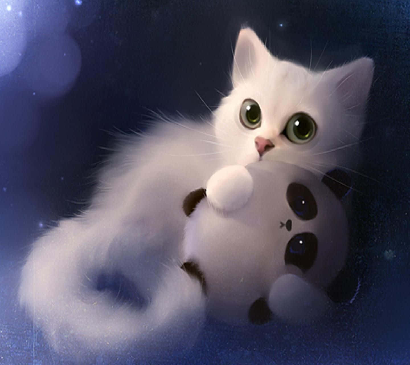 Cute Cat 桌布 壁紙 — 一隻毛茸茸的白色小貓，有著大大的綠色眼睛，在星空藍色背景前擁抱熊貓毛絨玩具。