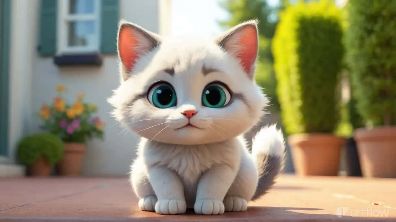 Cute Big-Eyed Kitten Sitting Outdoors – Adorable 3D Style Cat 壁紙 — 一隻毛茸茸的白色小貓，有著大大的藍色眼睛，坐在陽光普照的露臺上，周圍是盆栽植物和一間房子。