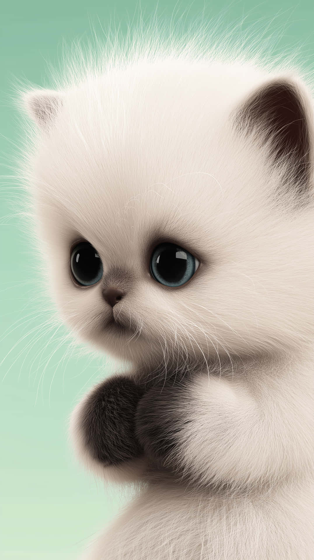 Photorealistic Portrait of an Adorable Fluffy White Kitten 壁紙 — 一隻毛茸茸的白色小貓，有著大大的藍色眼睛和深色爪子，在薄荷綠背景前溫柔地凝視。