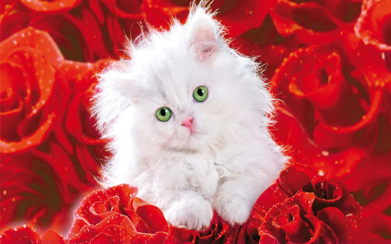 Beautiful Roses 桌布 壁紙 — 一隻毛茸茸的白色小貓，有著明亮的綠色眼睛，依偎在帶有露珠的鮮紅玫瑰中。