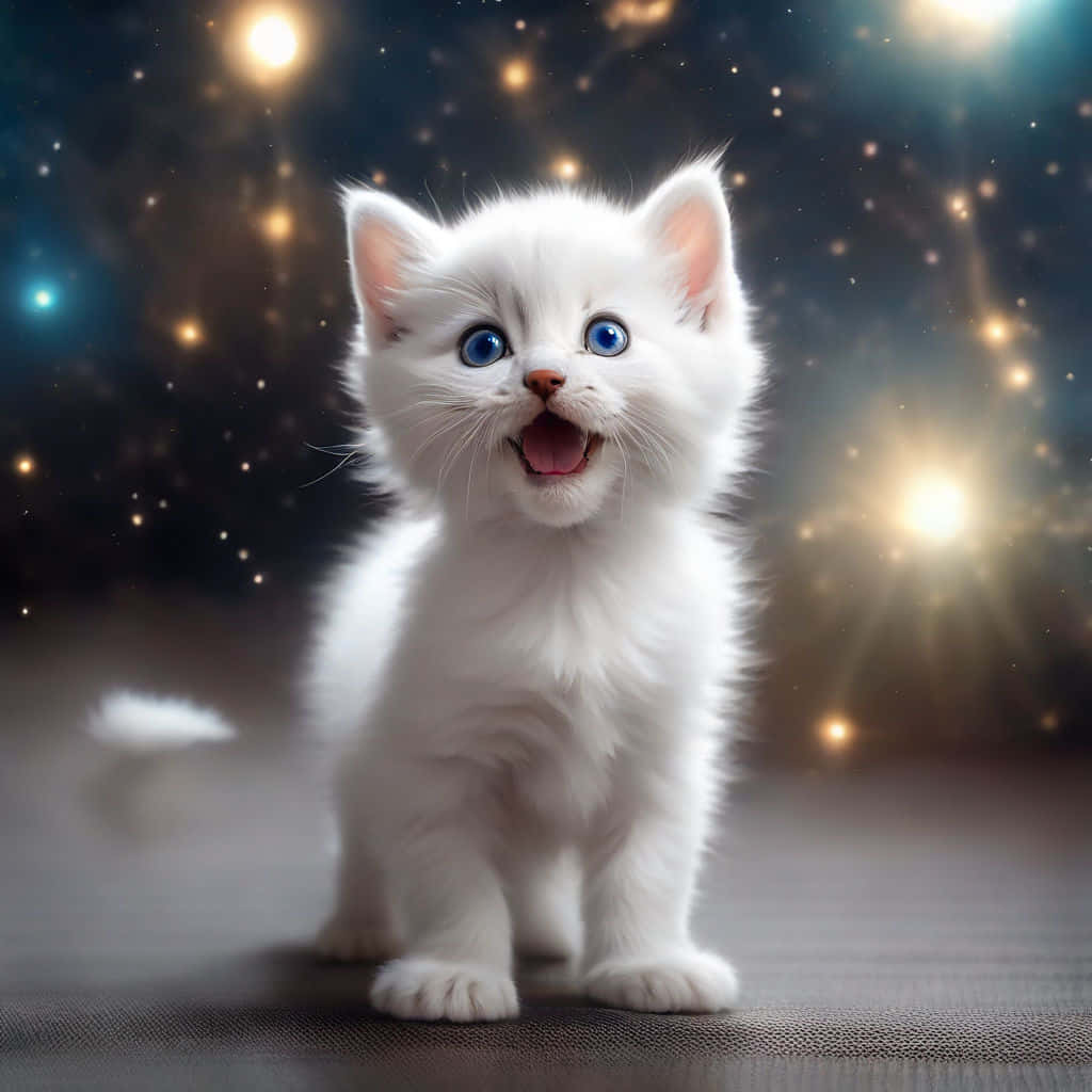 Dancing Cat 桌布 壁紙 — 一隻毛茸茸的白色小貓，有著明亮的藍色眼睛，快樂地坐在閃爍的宇宙背景前。