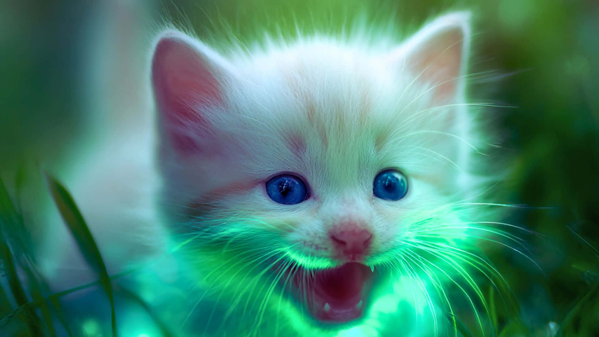 Cute kitten with bright blue eyes and a magical green glow around its face 壁紙 — 一隻毛茸茸的白色小貓，有著發光的藍色眼睛和螢光綠色的毛髮，坐在草地上，驚訝地張開嘴巴。