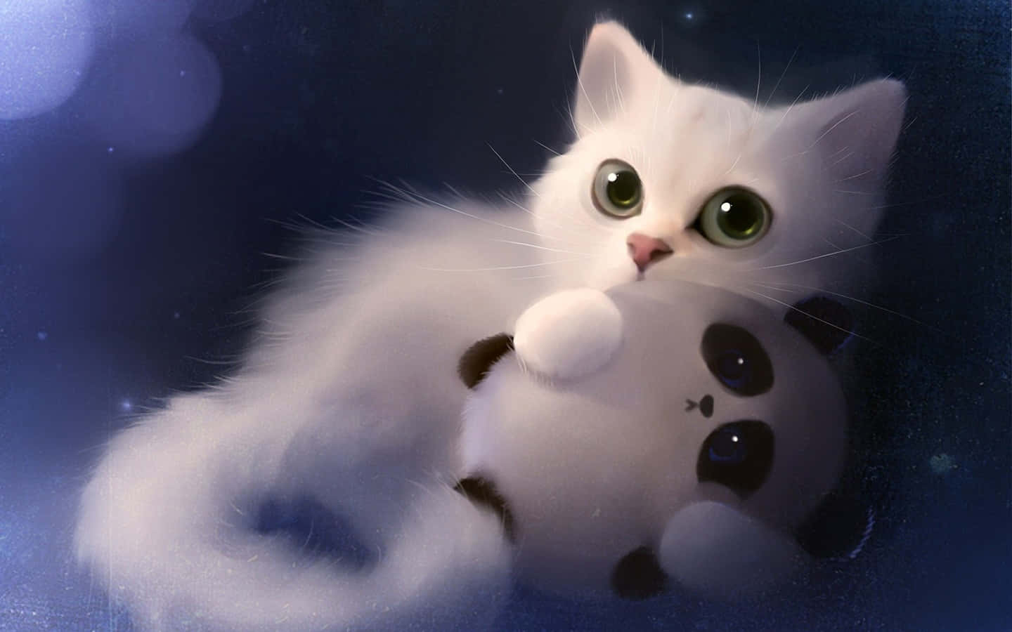 cute kitty 桌布 壁紙 — 一隻毛茸茸的白色小貓咪，有著大大的綠色眼睛，在夢幻的星空藍色背景前抱著一個熊貓毛絨玩具。