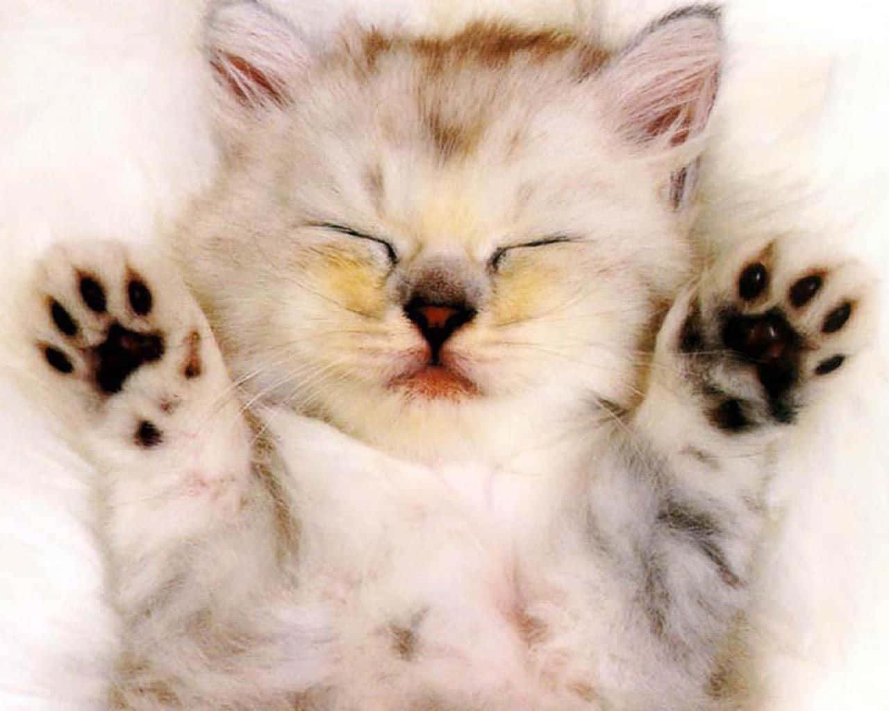 kitty cat 桌布 壁紙 — 一隻毛茸茸的白色小貓咪在柔軟的白色表面上舉起爪子安詳地睡覺。
