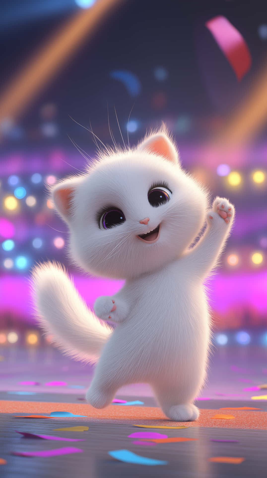 Cheerful White Kitten Dancing on a Light-Filled Stage 壁紙 — 一隻毛茸茸的白色小貓在鋪滿五彩紙屑的地板上，在充滿活力的舞台燈光下快樂地跳舞。