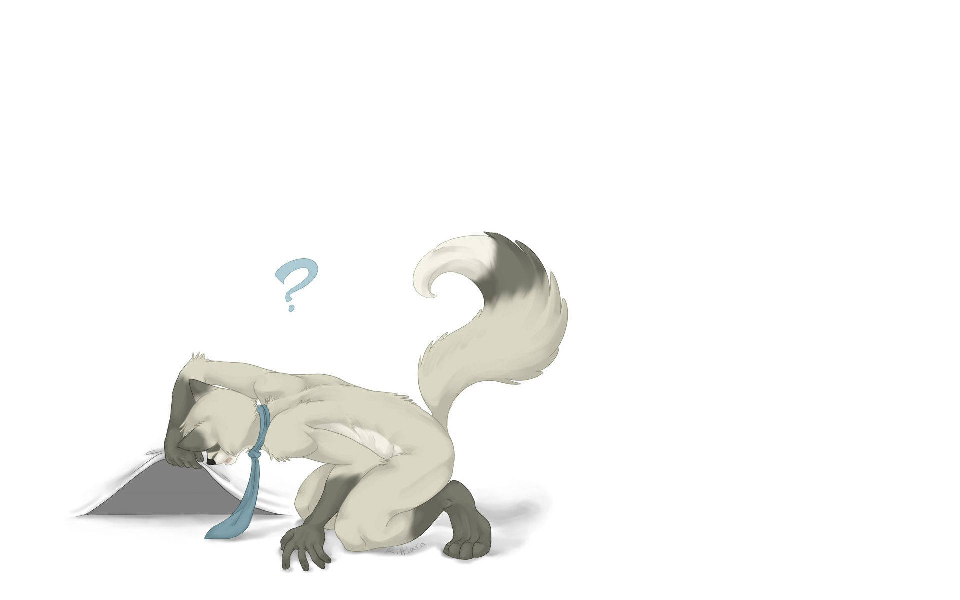 Furry 桌布 壁紙 — 一隻毛茸茸的白色擬人化狐狸，戴著藍色領帶，好奇地從灰色紙張下探出頭來，上方漂浮著一個問號。